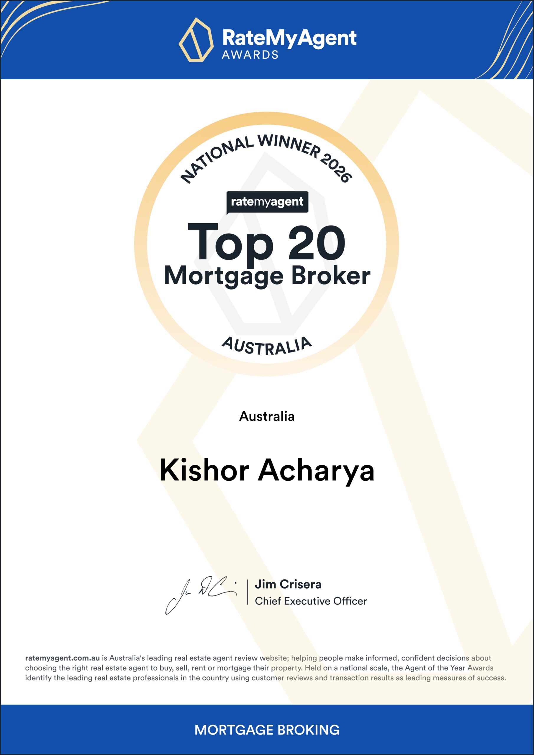 RateMyAgent National Winner 2026 Top 20 Mortgage Broker Australia certificate for Kishor Acharya